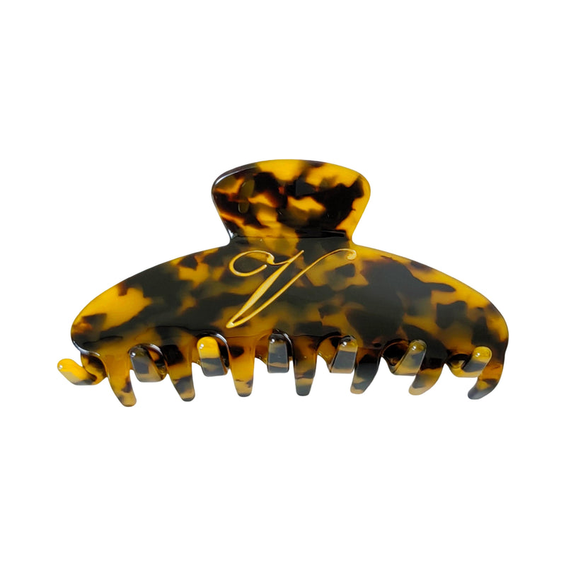 Italian acetate claw clip with engraved gold initial