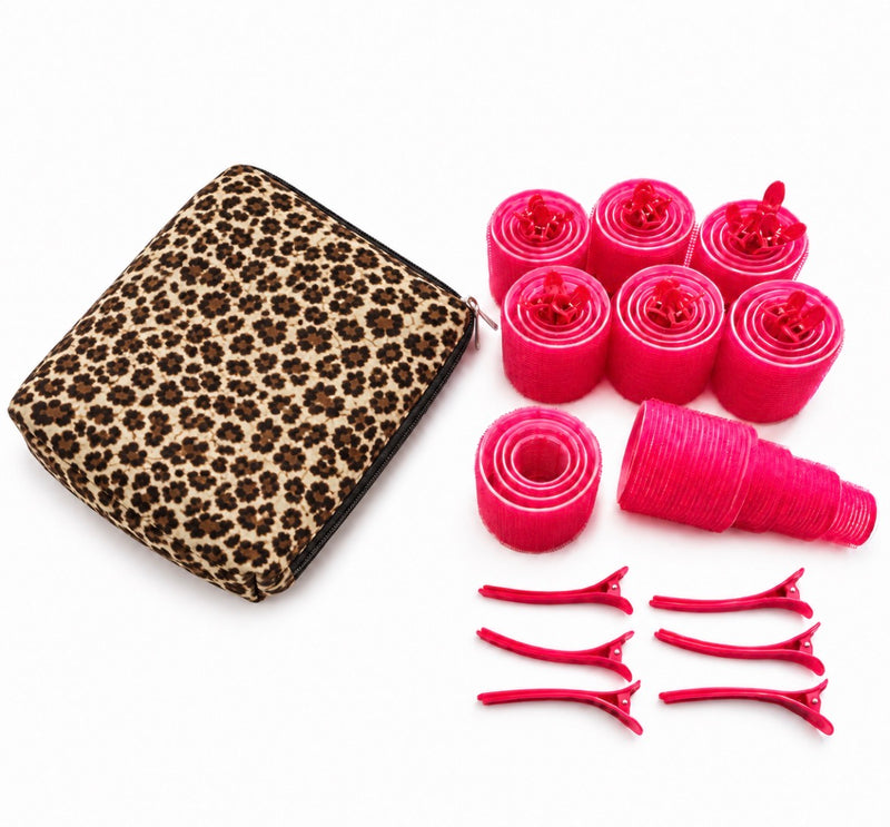 Red Velcro Hair Rollers & Cheetah Bag