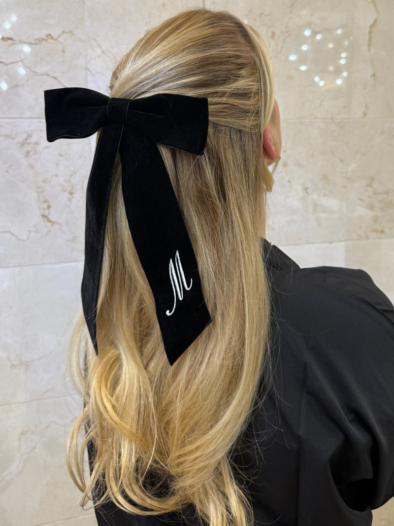 MONOGRAM VELVET BOW BARRETTE - Black