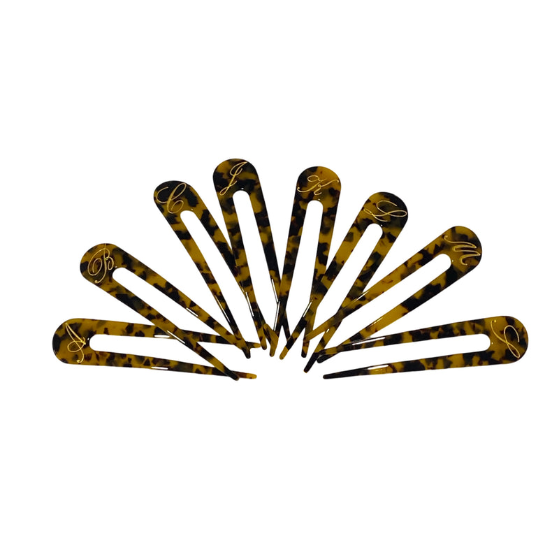 Italian acetate french hair pin with engraved gold initial