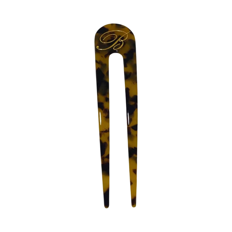 Italian acetate french hair pin with engraved gold initial