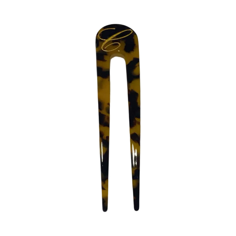 Italian acetate french hair pin with engraved gold initial