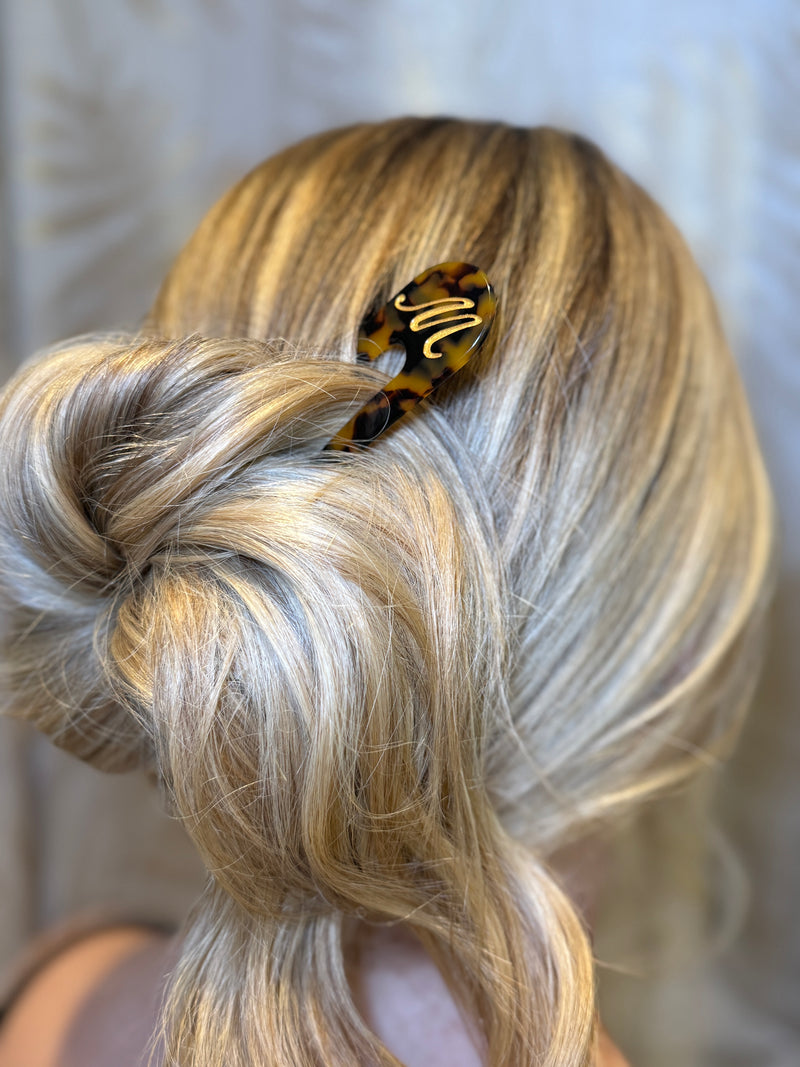 Italian acetate french hair pin with engraved gold initial
