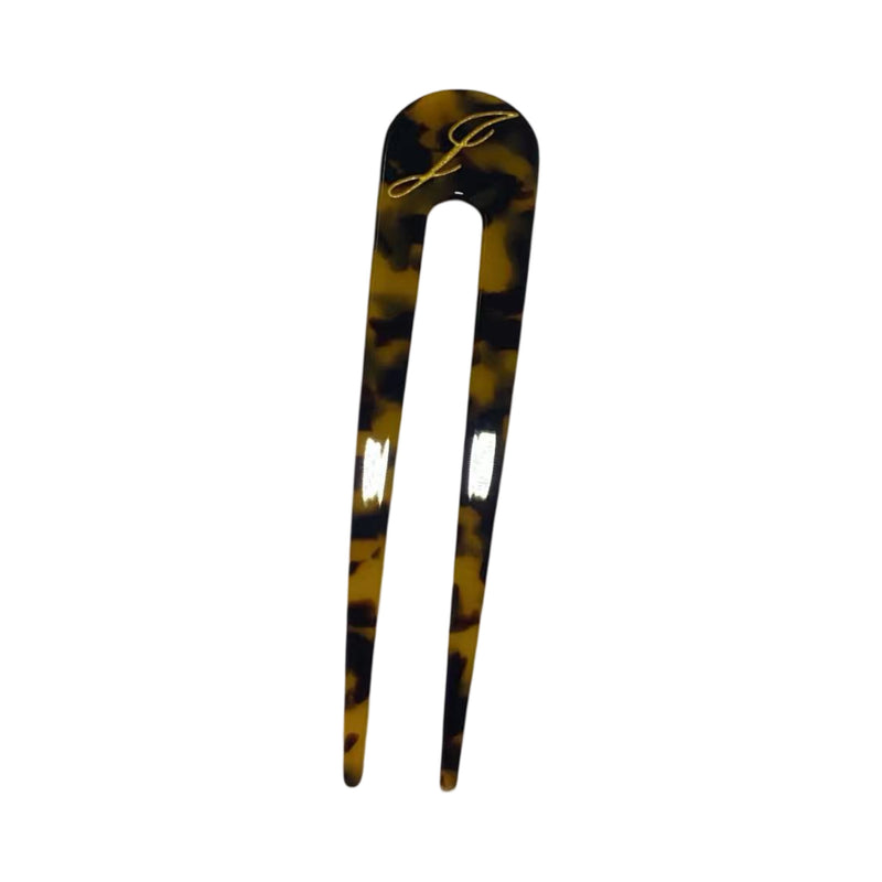 Italian acetate french hair pin with engraved gold initial
