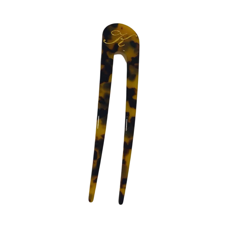 Italian acetate french hair pin with engraved gold initial