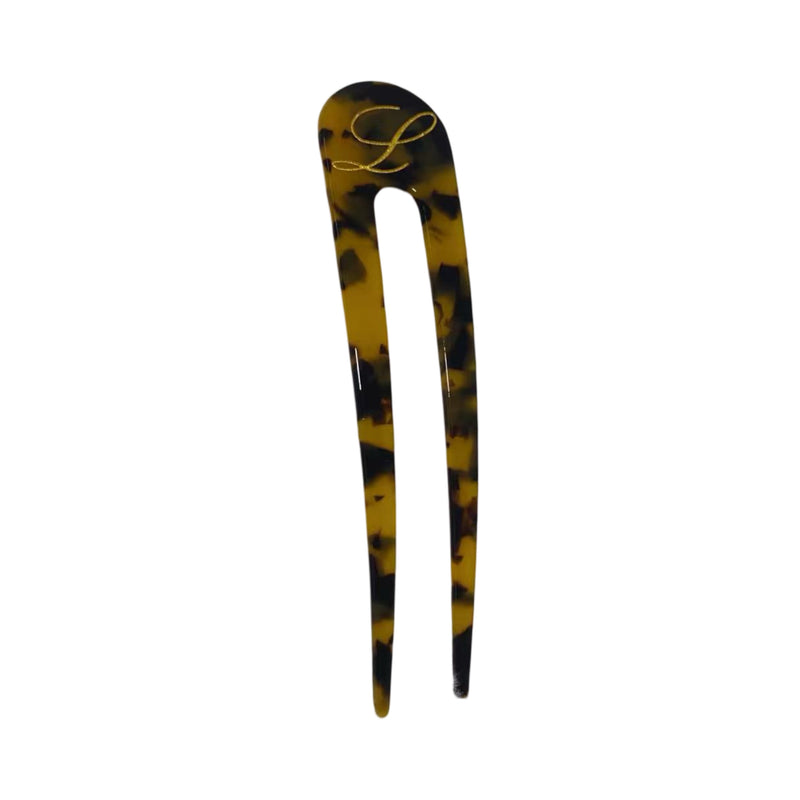 Italian acetate french hair pin with engraved gold initial