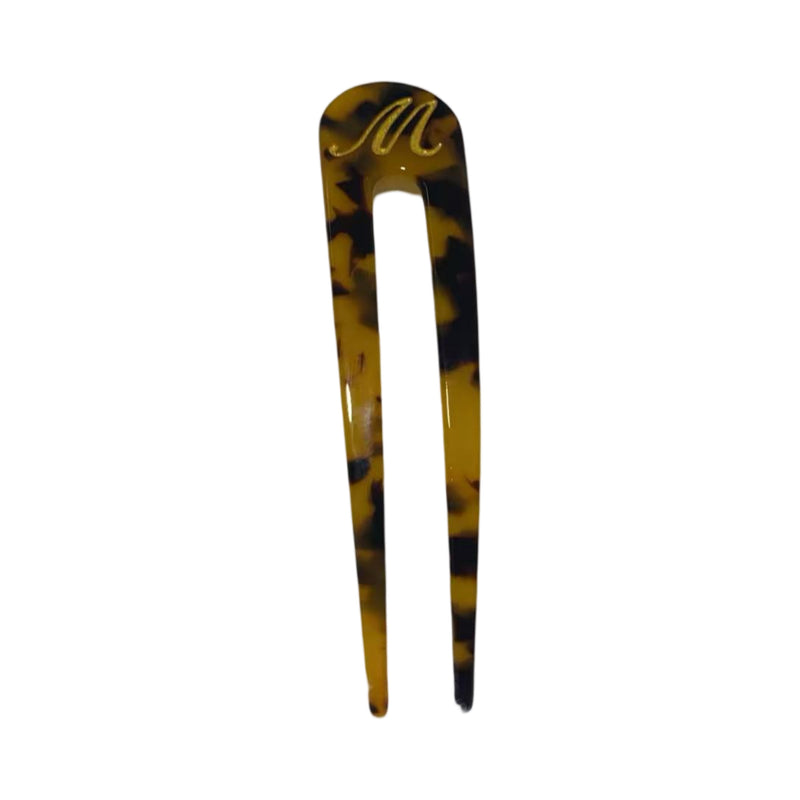Italian acetate french hair pin with engraved gold initial